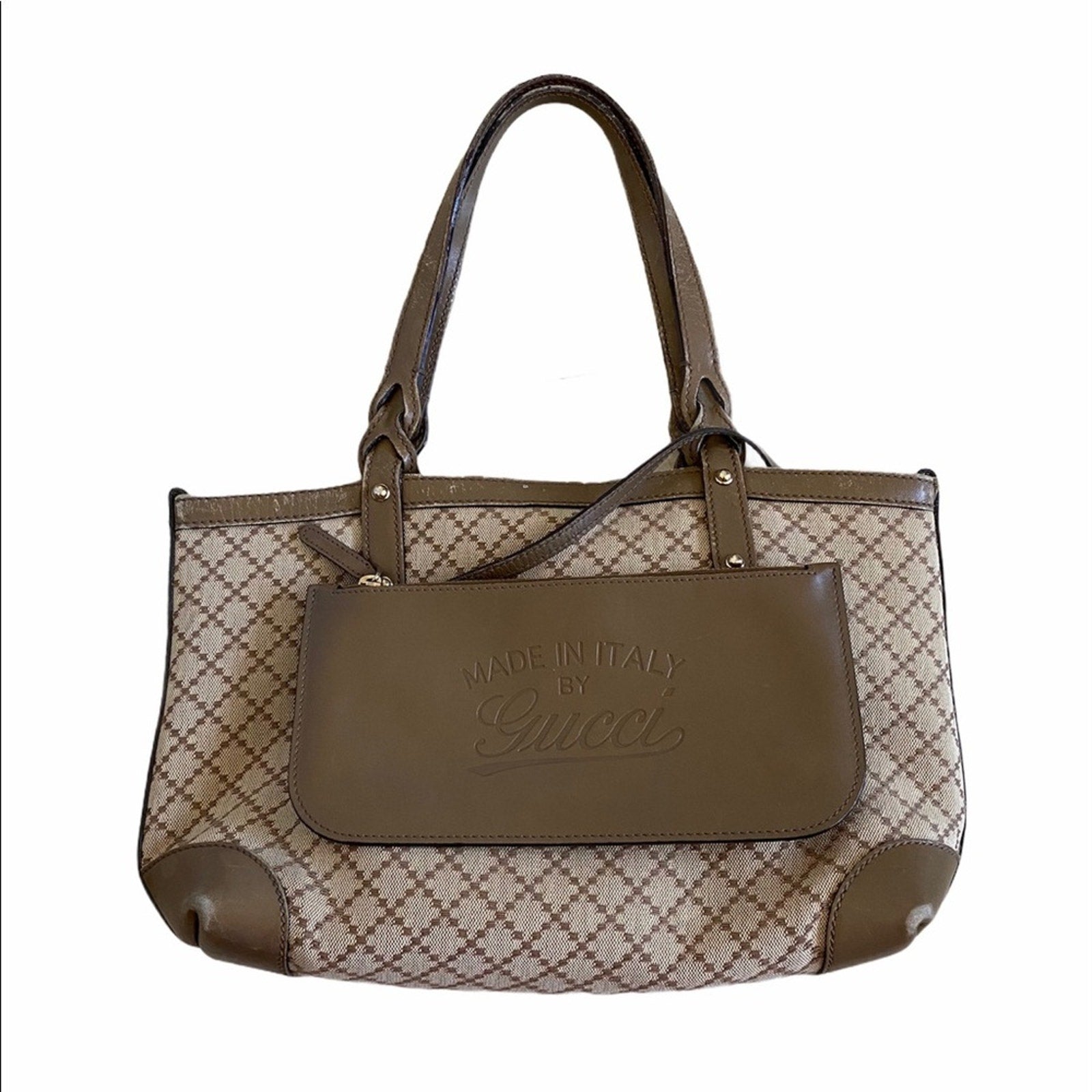 Brown and beige handbag with Gucci logo on a white background