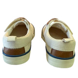 Back of a Pair of children's shoes with brown soles on a white background