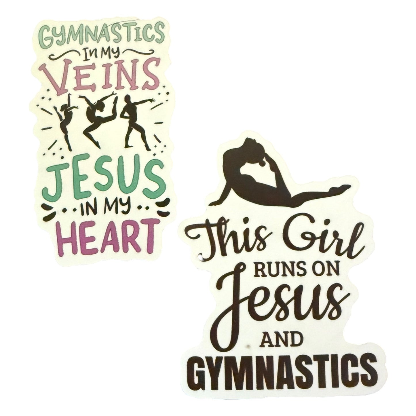 Two motivational stickers about gymnastics and faith on a white background