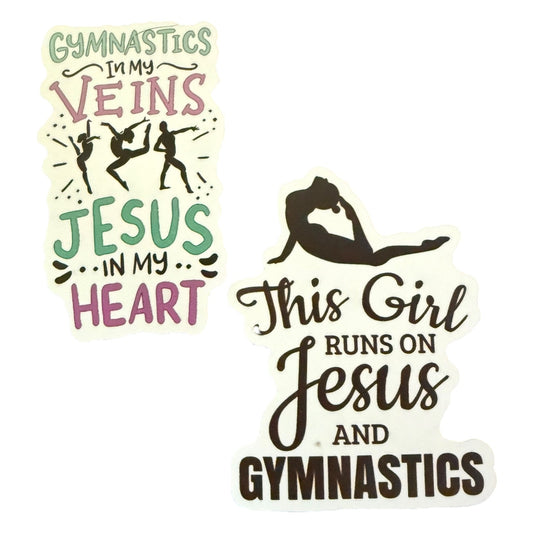 Two motivational stickers about gymnastics and faith on a white background