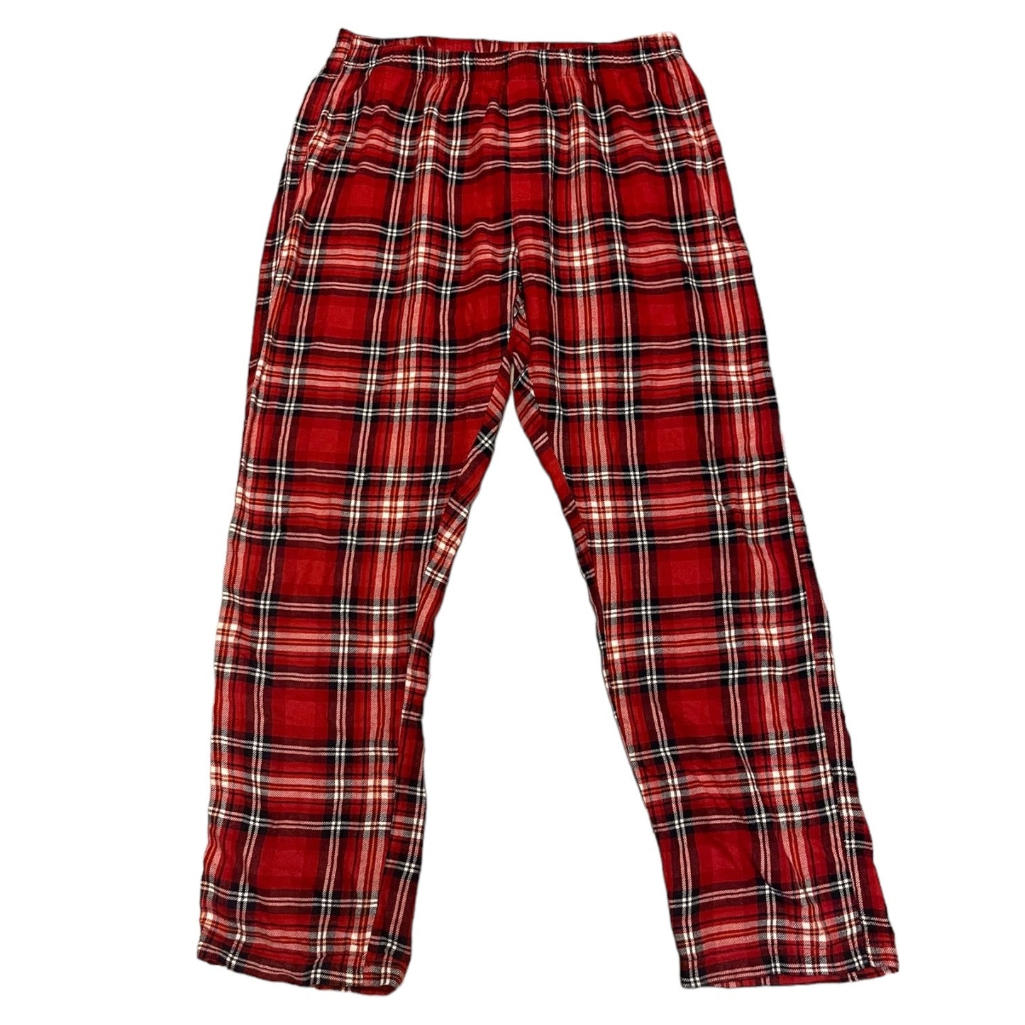 Red plaid pajama pants on a white background