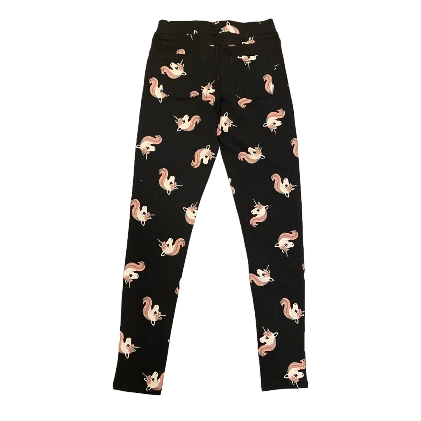 Back of dark gray jeggings with unicorns all over on a white background