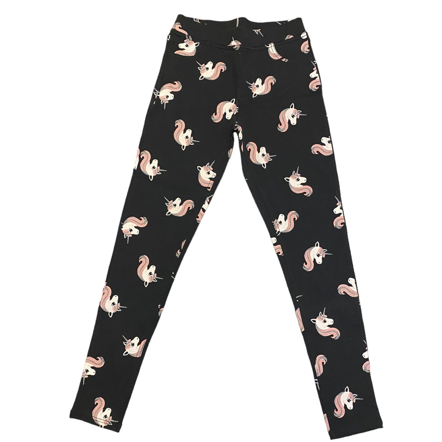 Dark gray leggings with unicorns all over on a white background