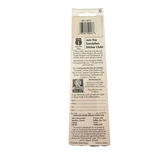 The back of a cardboard for the  Sticker Club, featuring a barcode, membership details, and company information printed in black text on a beige background.