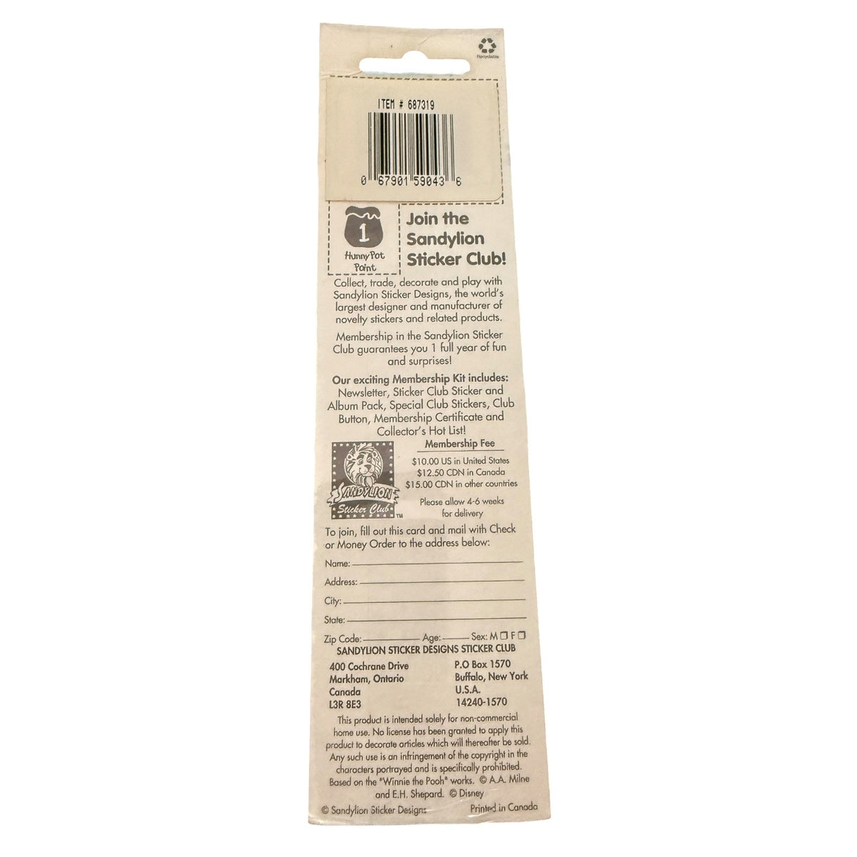 The back of a cardboard mailing label for Sandtonium Sticker Designs, featuring a barcode, membership details for the 'Join the Sandylium Sticker Club', and address information.