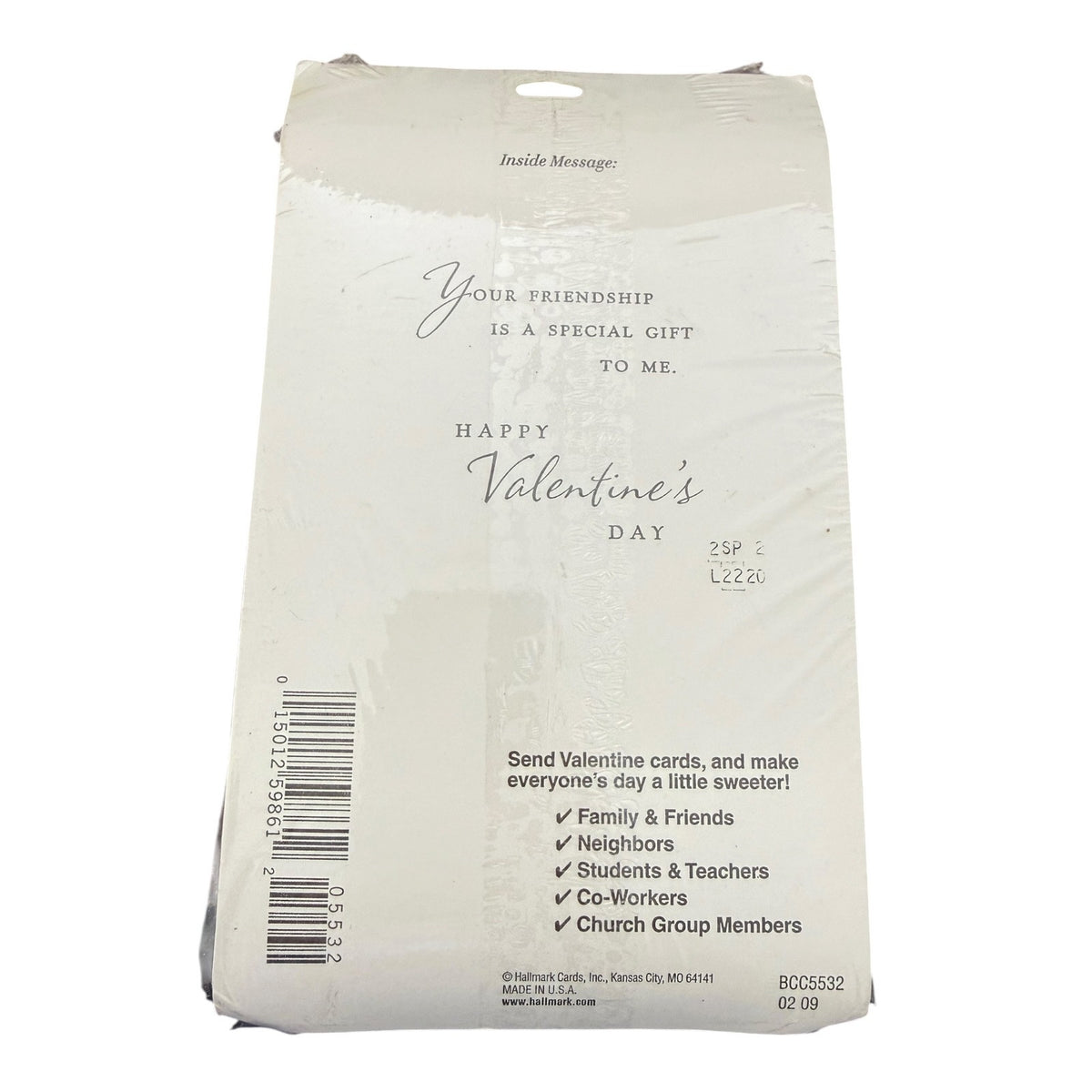 A white Valentine's Day greeting card envelope with printed text including 'Your Friendship is a Special Gift to Me' and 'Happy Valentine's Day,' plus a barcode and recipient list, photographed on a white background.