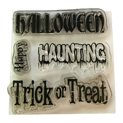 Set of 4 clear cling stamps with a Halloween theme on a white background. 