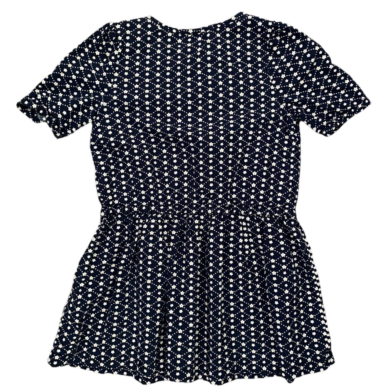 A short-sleeve peplum dress with an all-over white ditsy floral print on a dark navy blue background, shown flat against a white background.