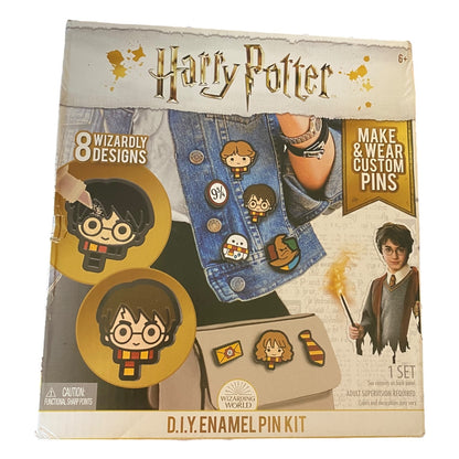 Harry Potter DIY enamel pin kit packaging with character illustrations and text.