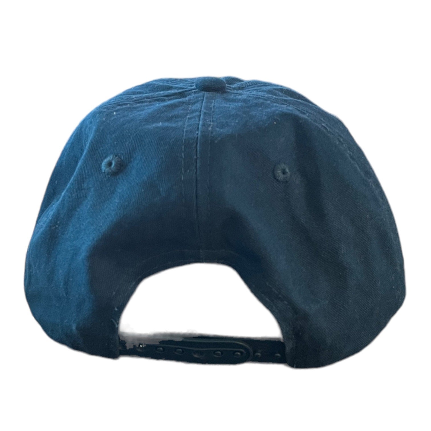The back view of a dark blue cotton baseball cap with an adjustable snapback strap, isolated on a white background.