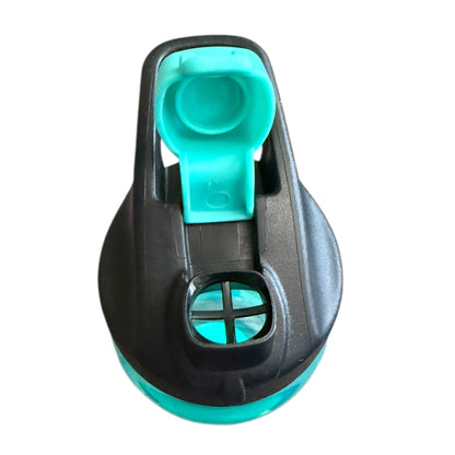 Top of water bottle with lid open on a white background