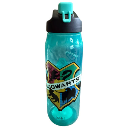 Front of green water bottle with Hogwarts crest design on a white background