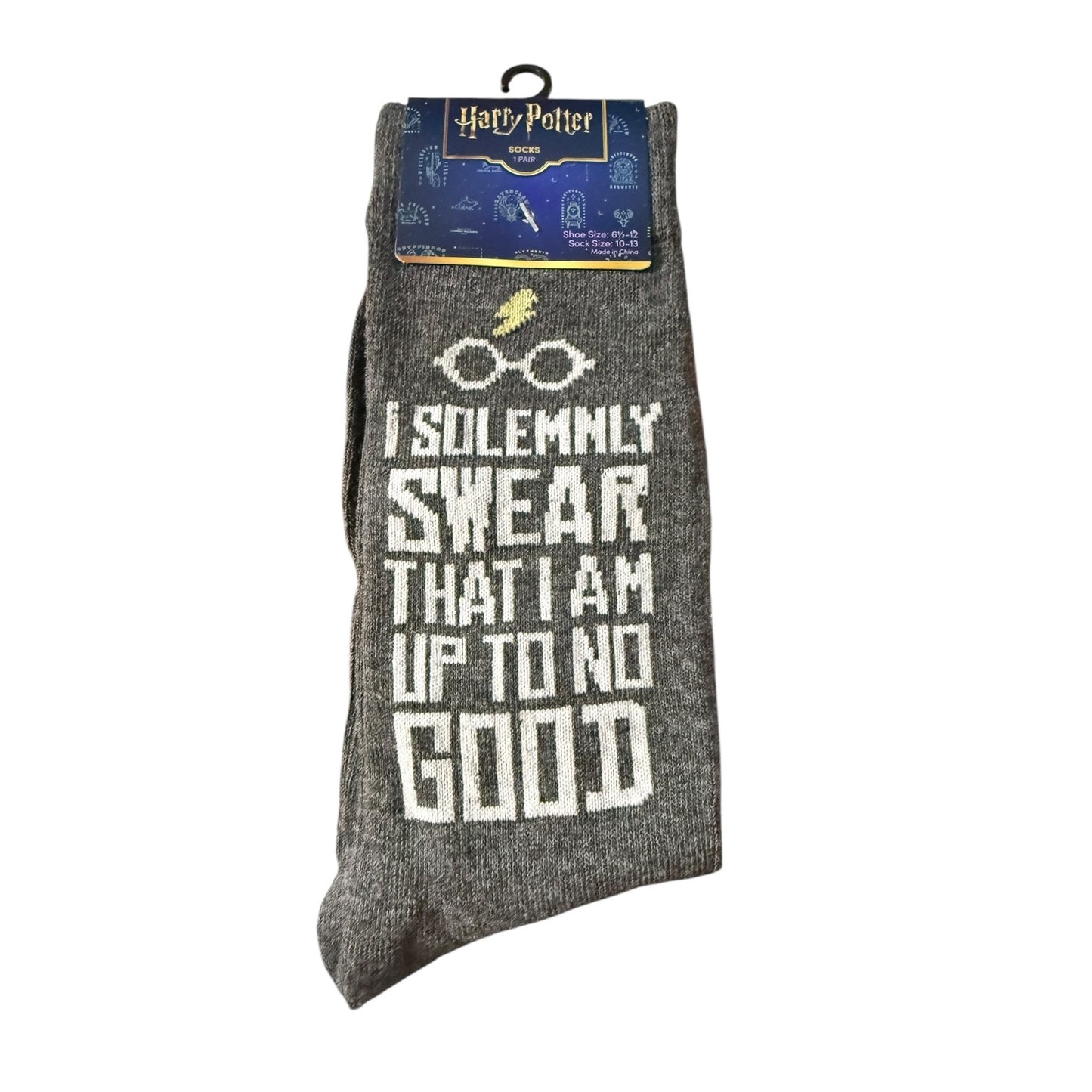 Gray sock with 'I Solemnly Swear That I Am Up To No Good' text and packaging on a white background