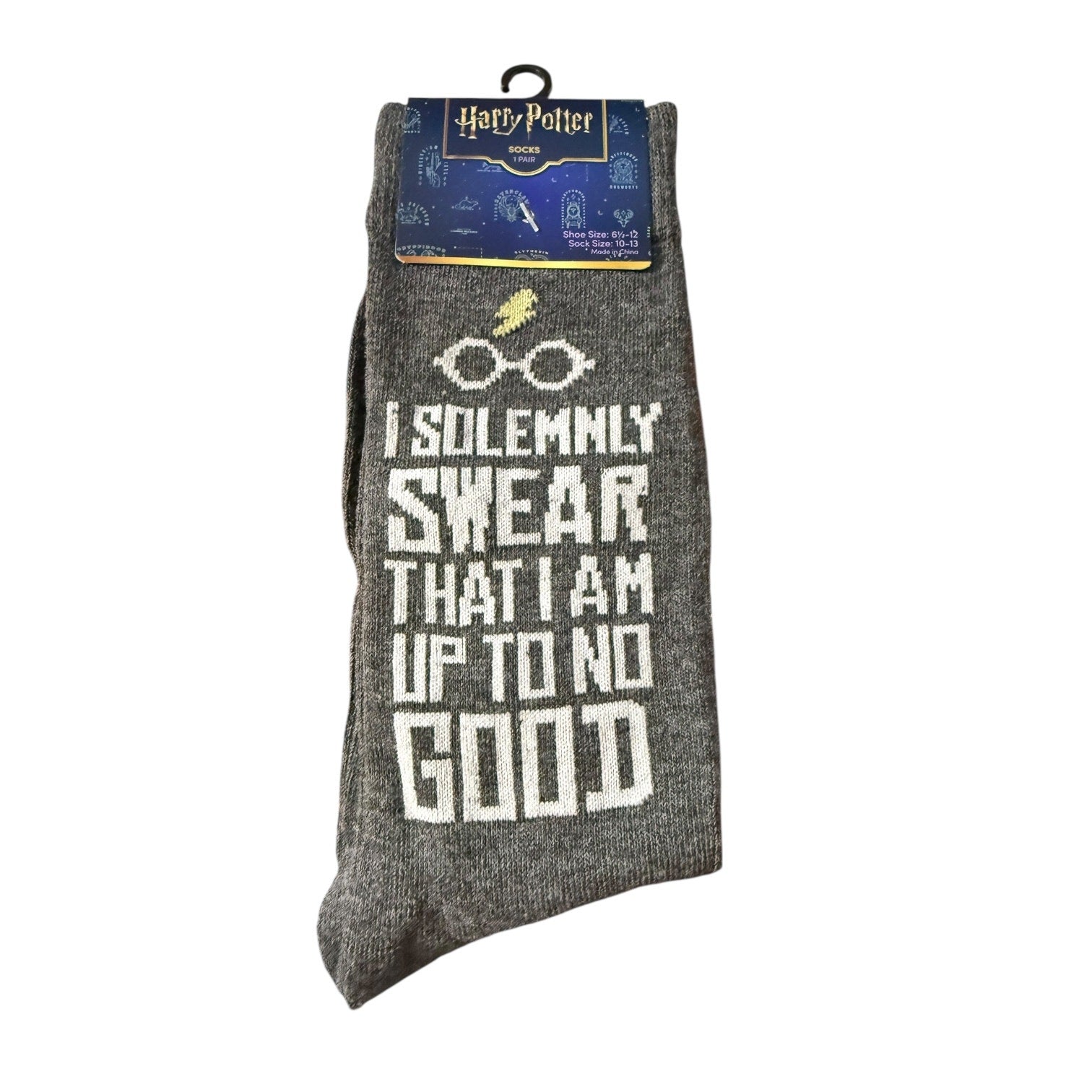 Gray sock with 'I Solemnly Swear That I Am Up To No Good' text and packaging on a white background