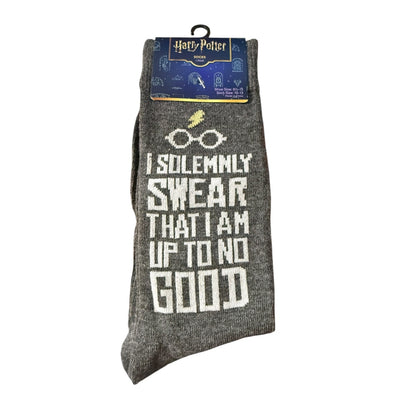 Gray sock with 'I Solemnly Swear That I Am Up To No Good' text and packaging on a white background