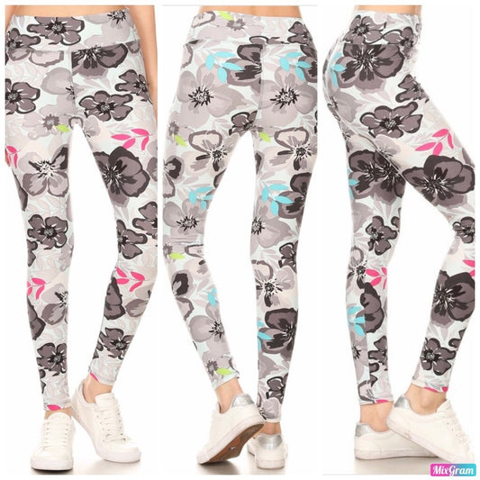 Floral patterned leggings with a gray background