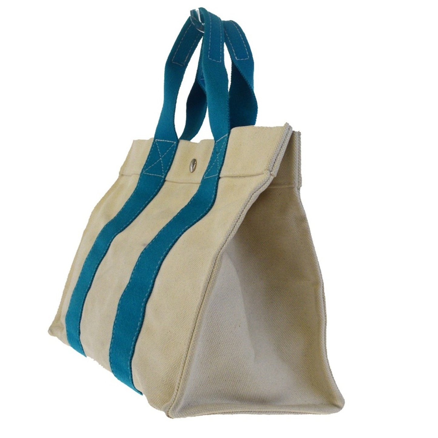 White tote bag with blue handles on a white background