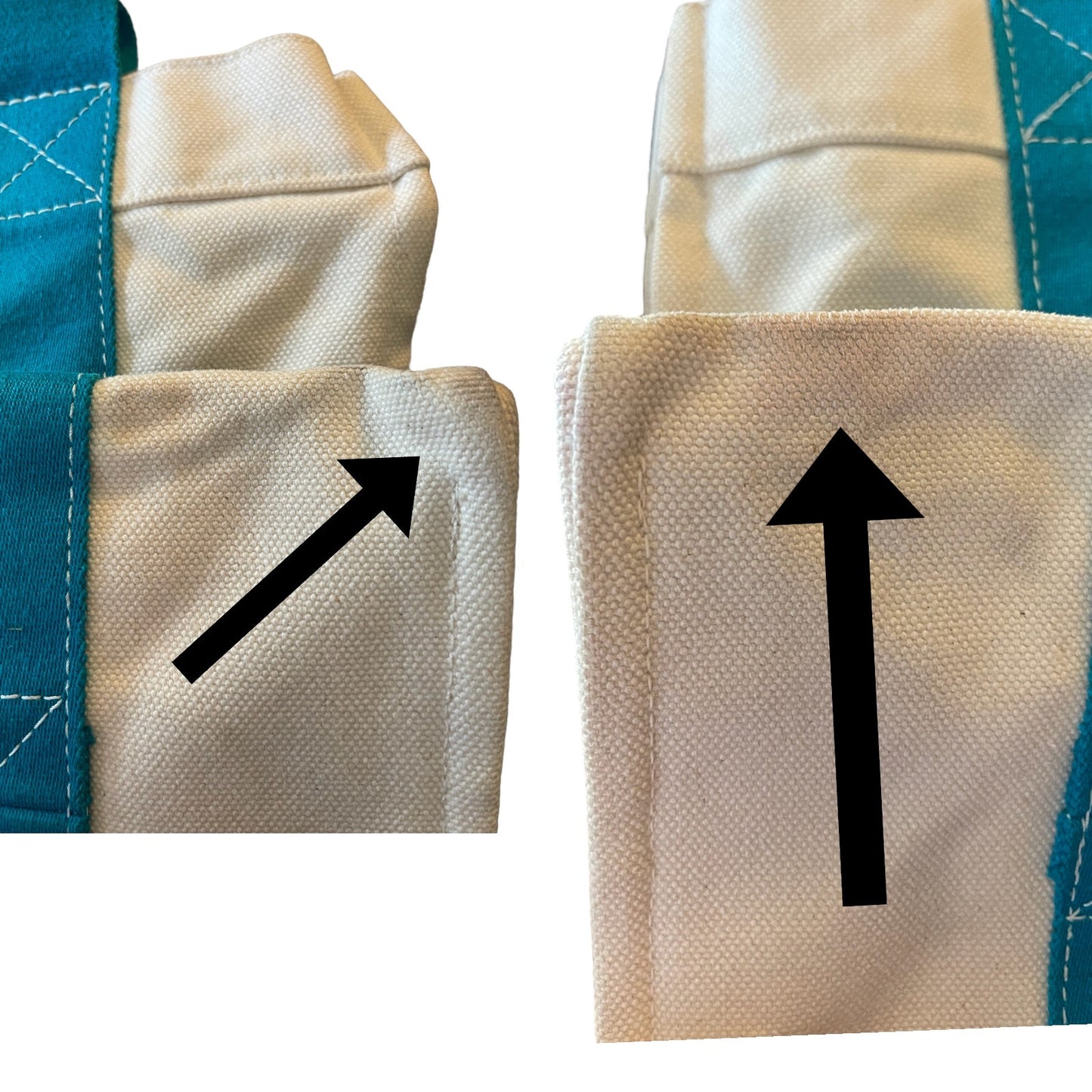 Close-up of bag with issues with a black arrow pointing upwards, on a white background.