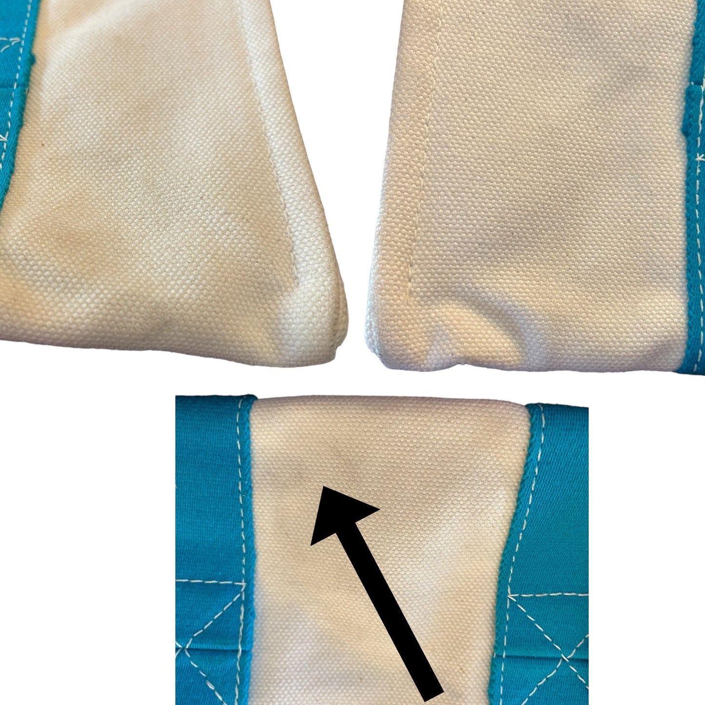 Close-up of purse with blue straps and stitching detail on a white background.