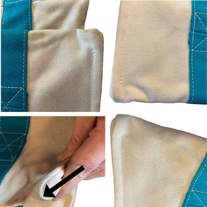 Close-up of purse with blue edges, showing texture and stitching details.