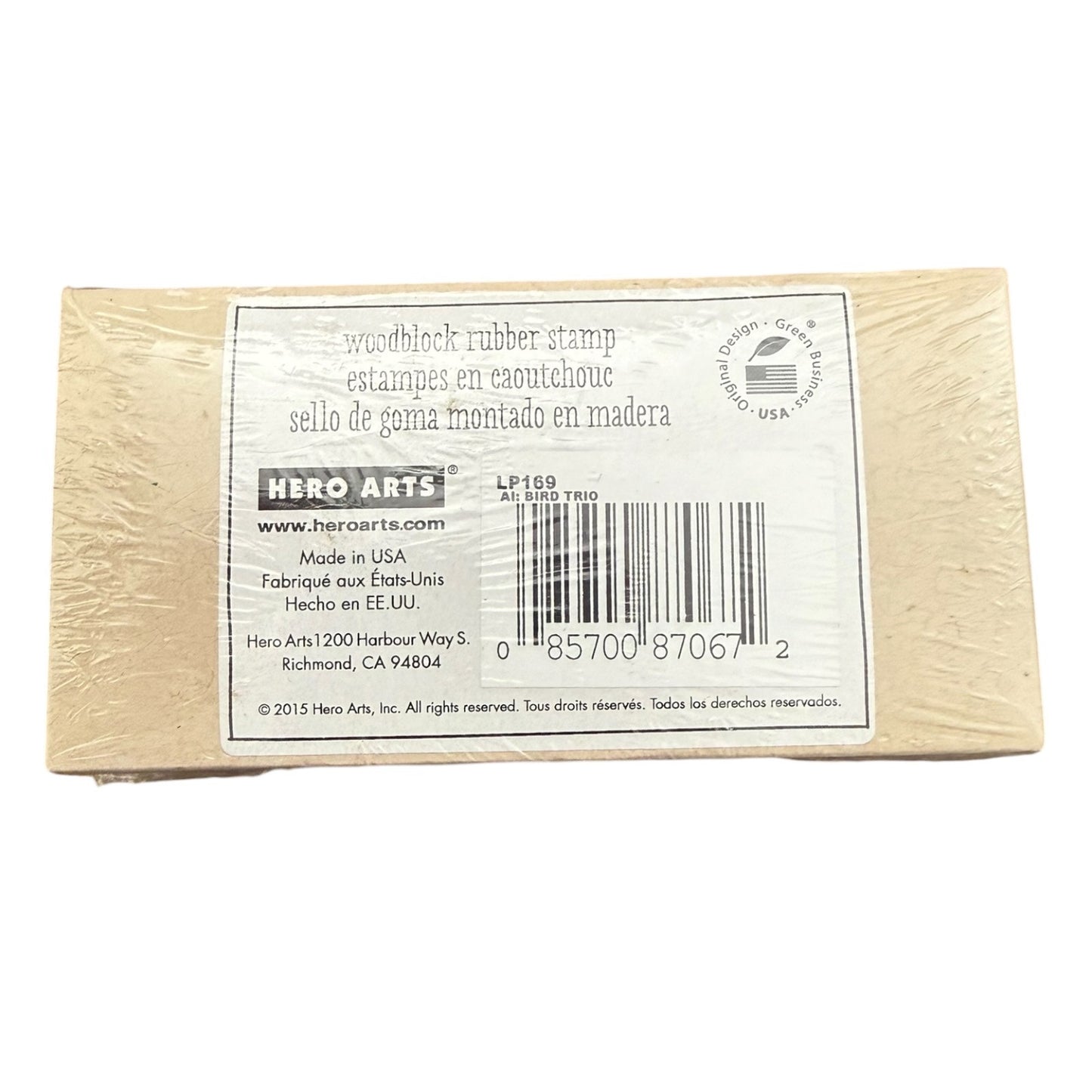 A Hero Arts woodblock rubber stamp in its original packaging, showing the back of the box with product details, a barcode, and a logo on a white background.