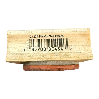 Wooden stamp with a barcode and text on a white background