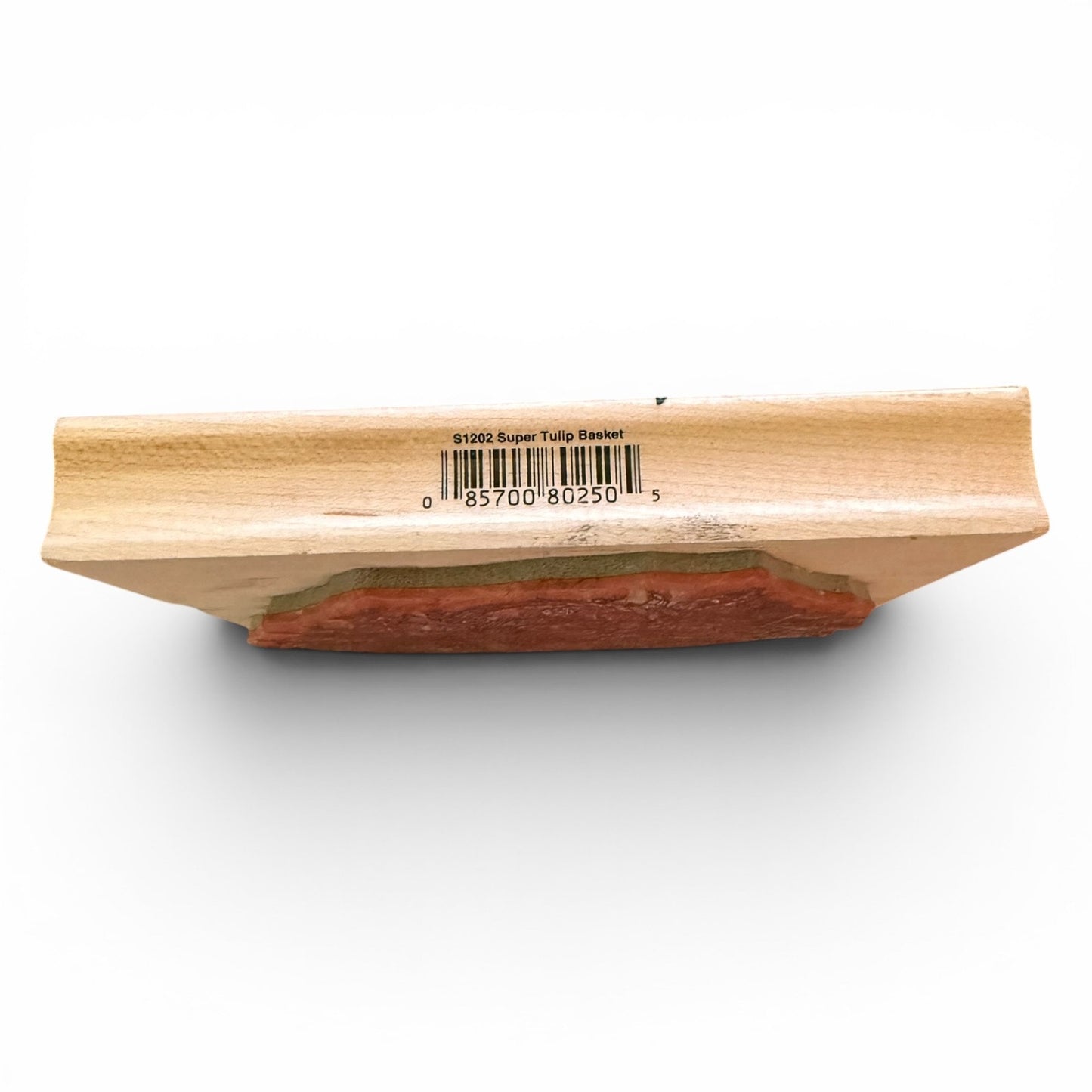 Wooden stamp with a red ink pad on a white background