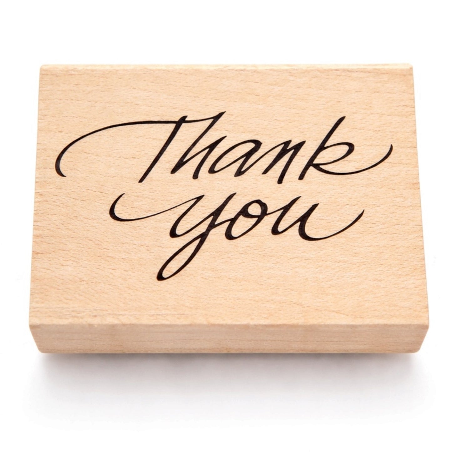 Wooden stamp with 'Thank you' text on a white background