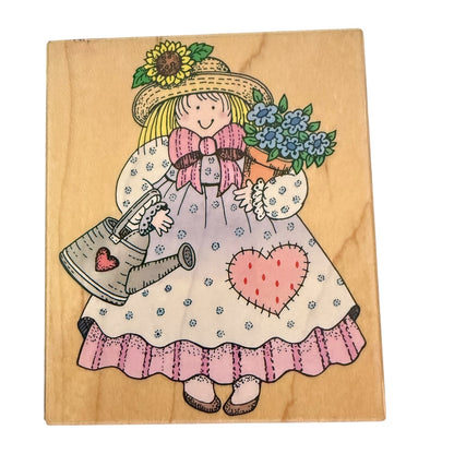 Illustration of a girl with a sunflower hat and bouquet on a wooden background