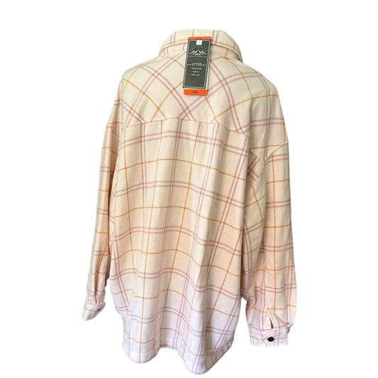 Back of pink plaid jacket with a tag on a white background