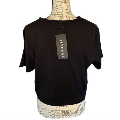 Back of Black t-shirt on a mannequin with a visible brand tag against a white background