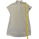 Blue short-sleeve dress with a measuring tape on a white background