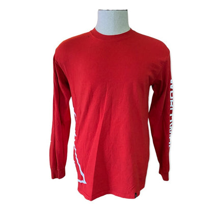 Front of Red long-sleeve shirt on a mannequin with white text on a white background