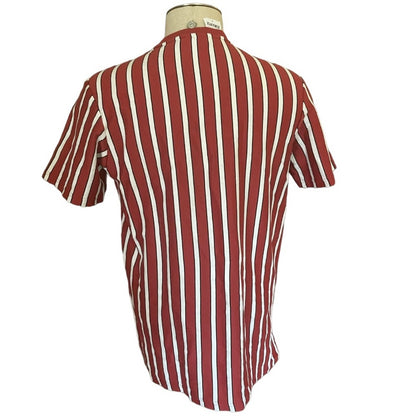 Back of Red and white striped shirt on a mannequin against a white background