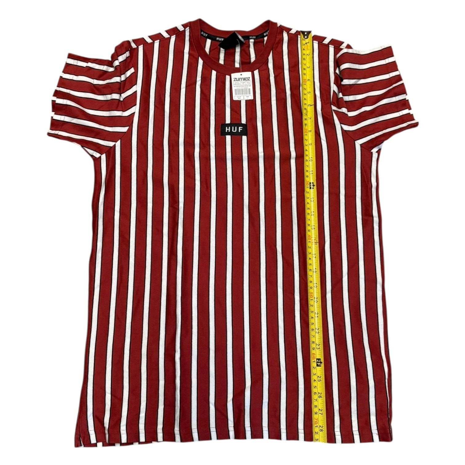 Red and white striped shirt with a measuring tape on a white background