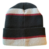 Back of Knitted beanie with black, red, and beige stripes on a white background