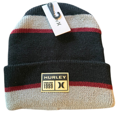 Striped beanie with Hurley logo on a white background
