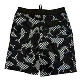 Black shorts with shark and checkered pattern on a white background