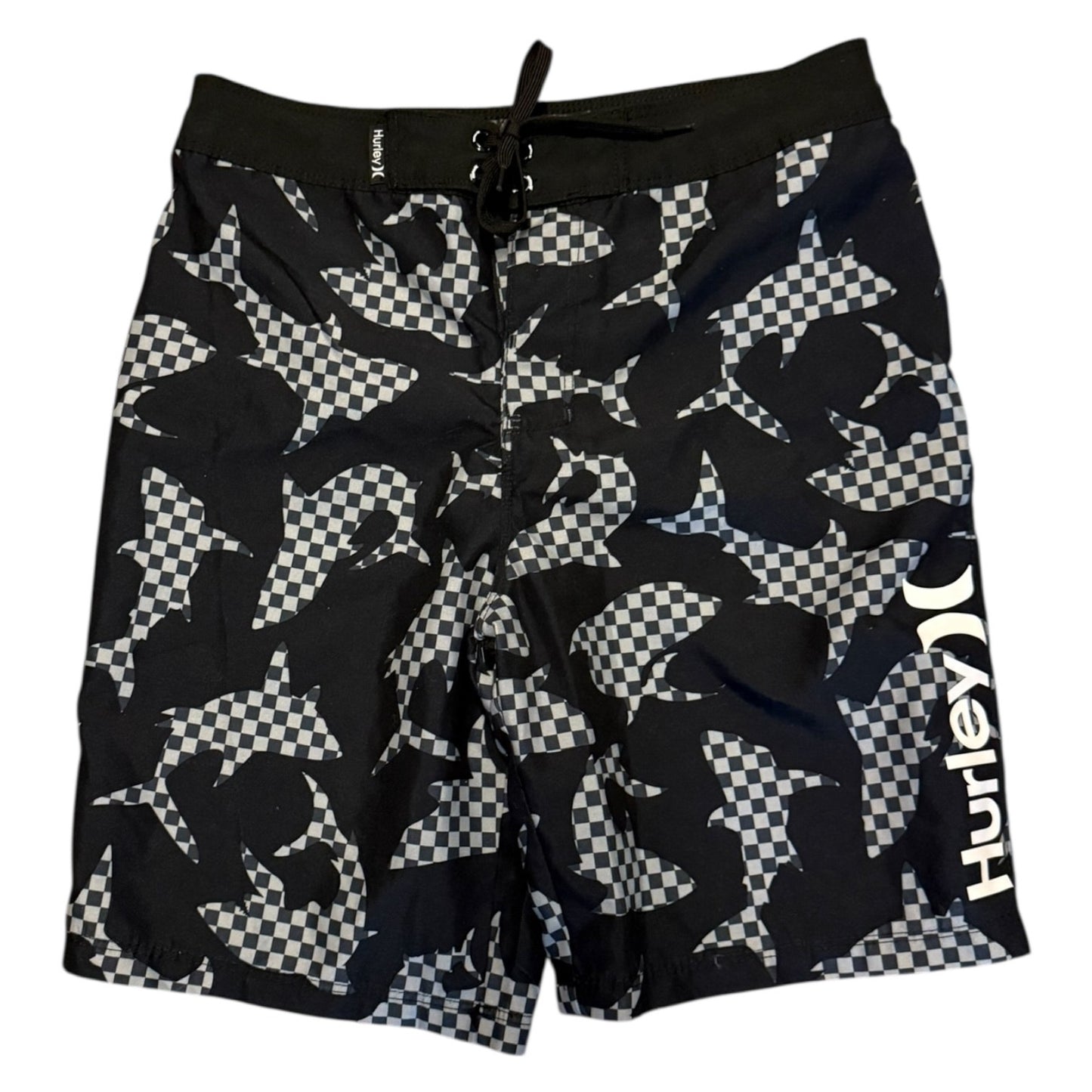Black and white checkered shark patterned shorts on a white background