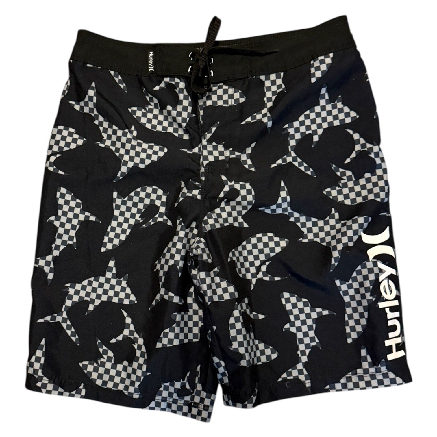 Black and white checkered shark patterned shorts on a white background