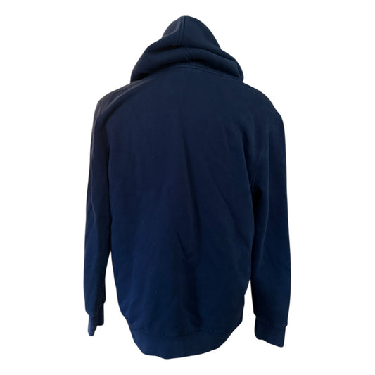 Back of blue hoodie on a white background
