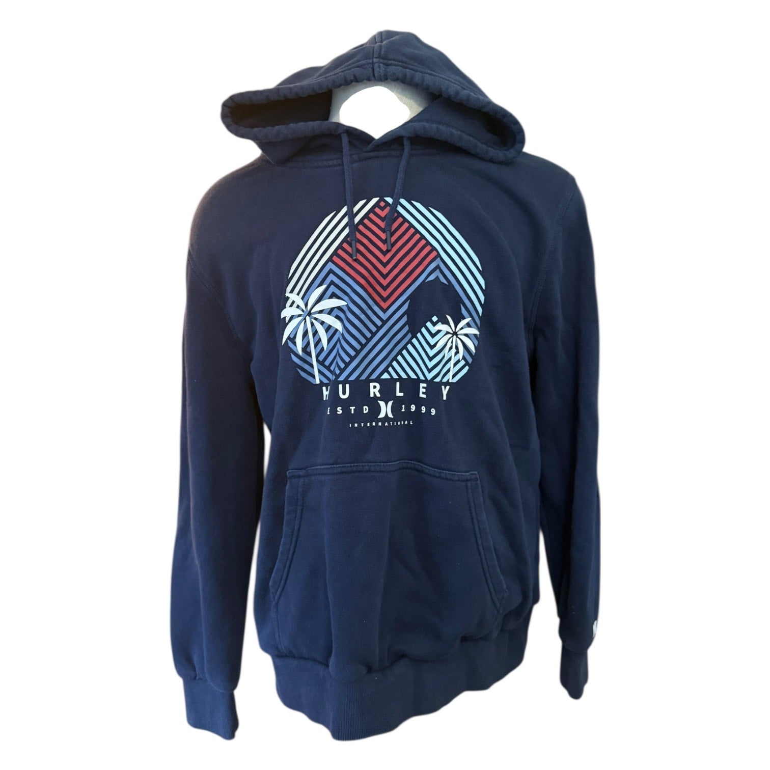 Front of Hurley blue hoodie with a colorful graphic design on a white background