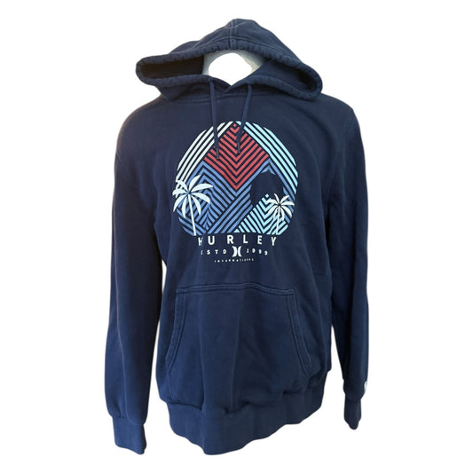 Front of Hurley blue hoodie with a colorful graphic design on a white background