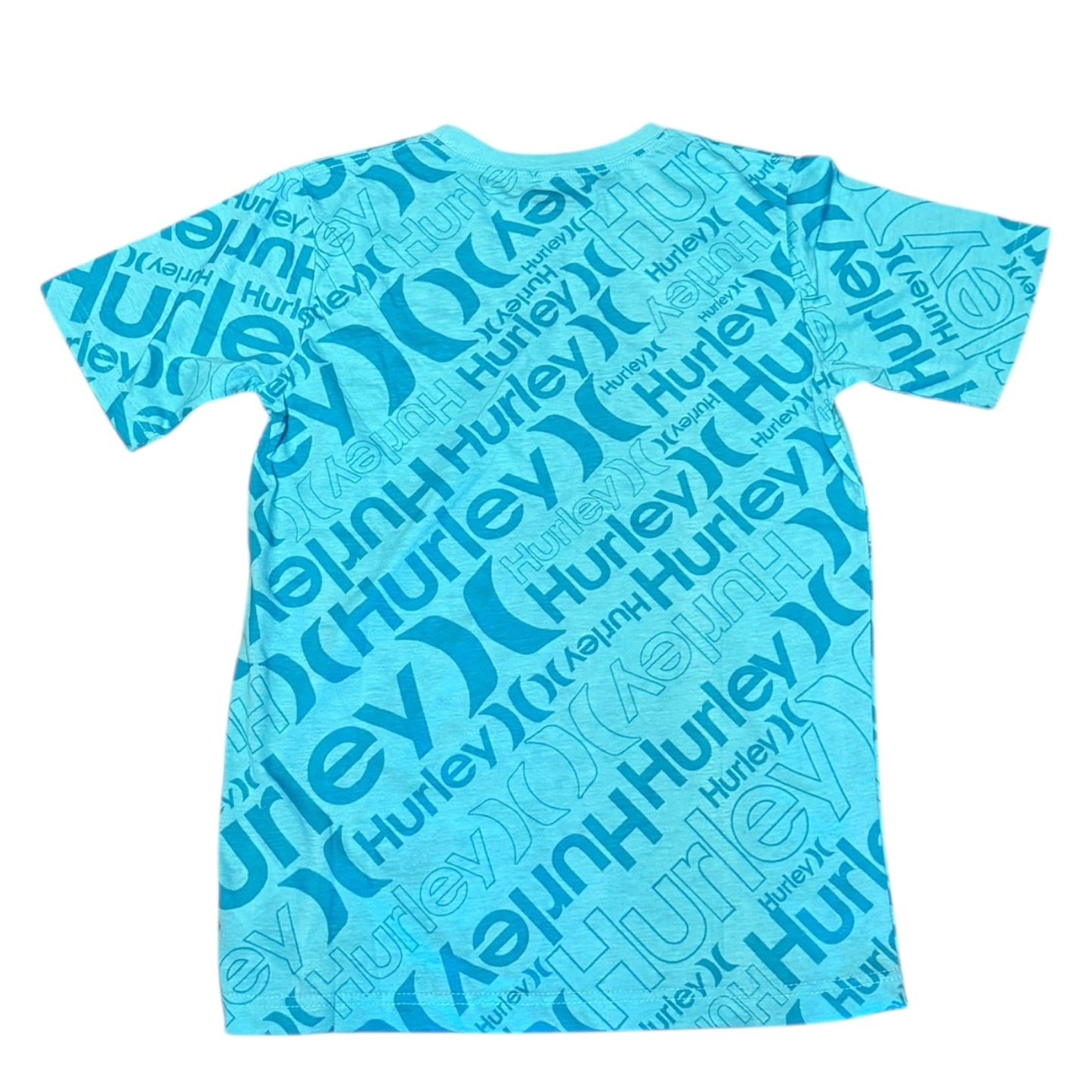 Back of t-shirt with Hurley logo pattern on a white background