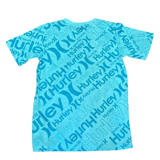 Back of t-shirt with Hurley logo pattern on a white background