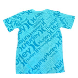 Back of t-shirt with Hurley logo pattern on a white background