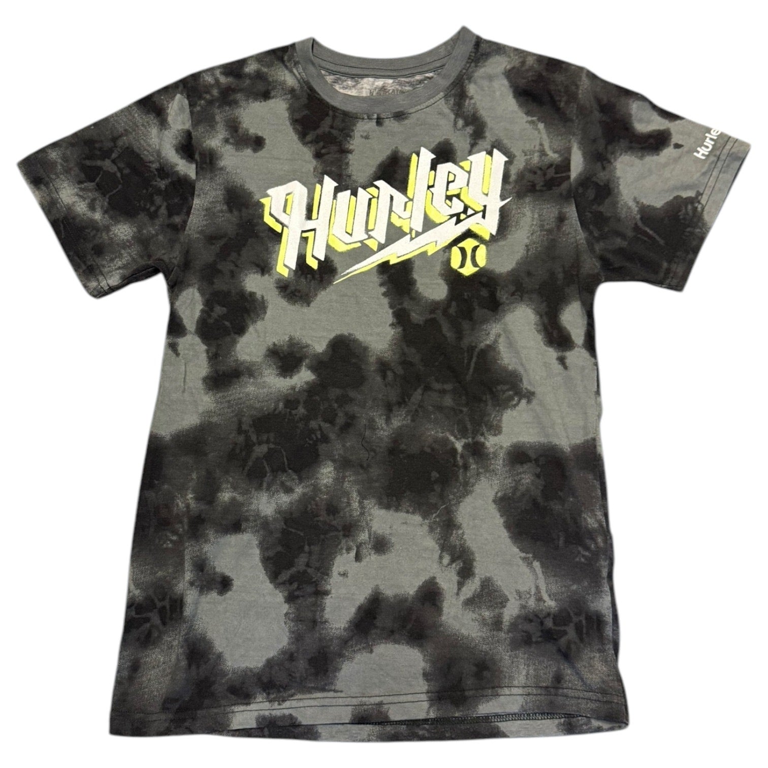 Tie-dye t-shirt with Hurley logo on a white background