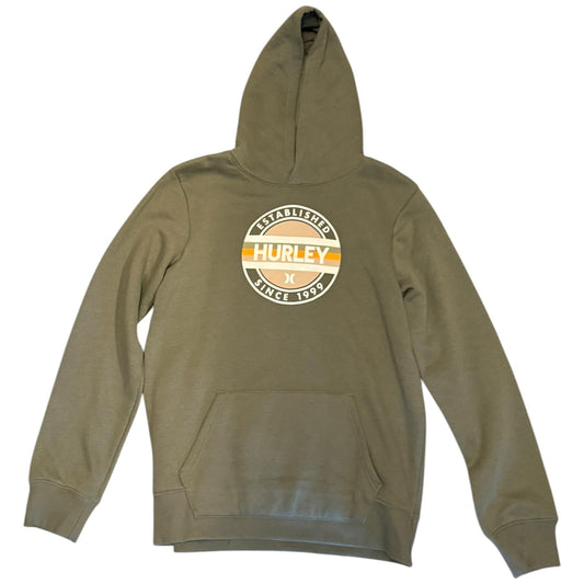 An green pullover hoodie with a circular Hurley logo printed on the chest, displayed against a solid white background.