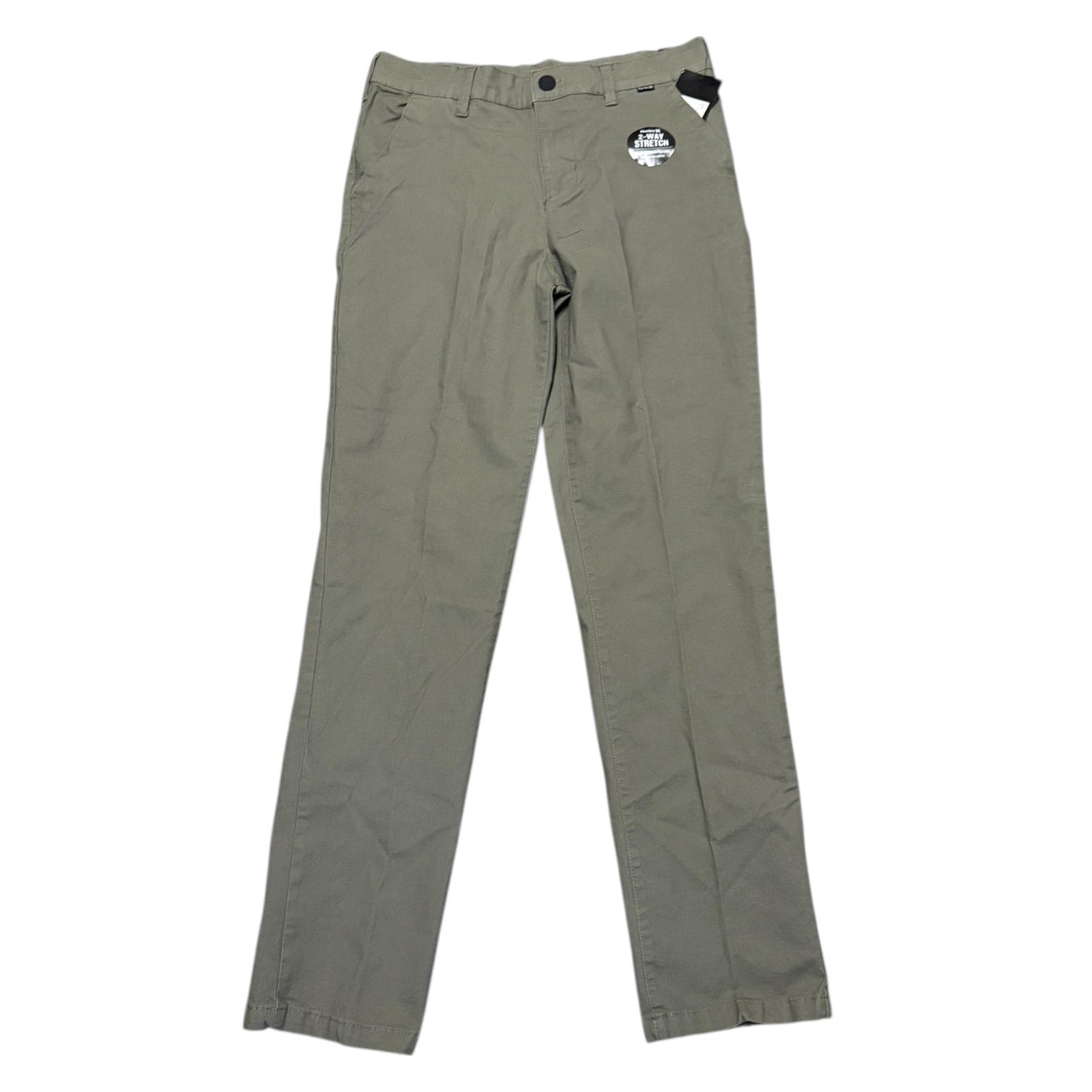 Front of Green chino pants on a white background