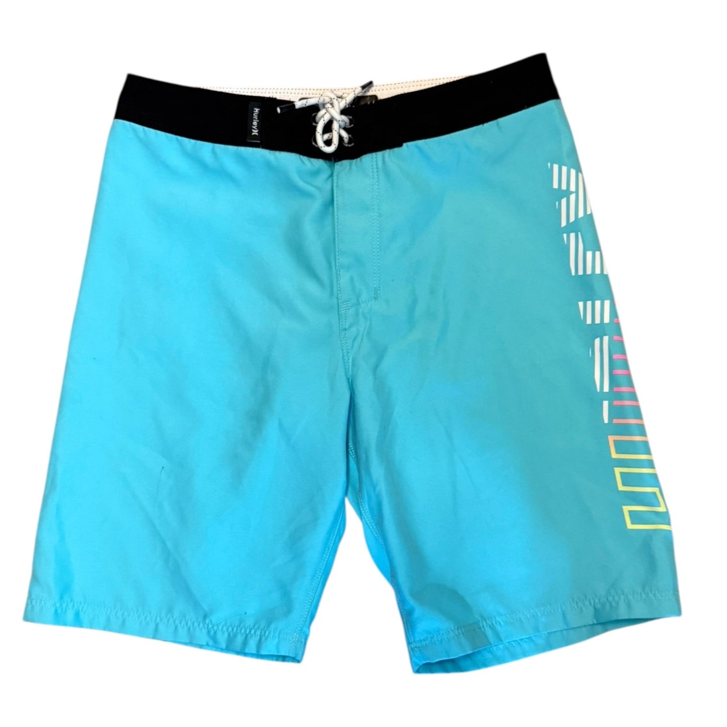 Blue shorts with a black waistband on a white background